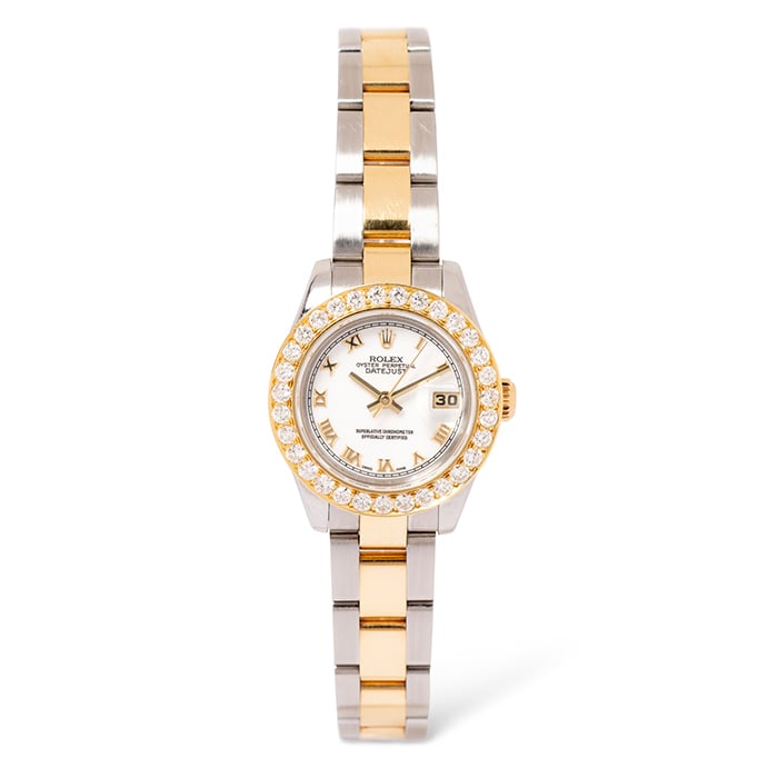 Vintage Rolex Datejust with white face, pave diamond bezel, and two tone oyster band in 18k yellow gold and steel - WADI-136151