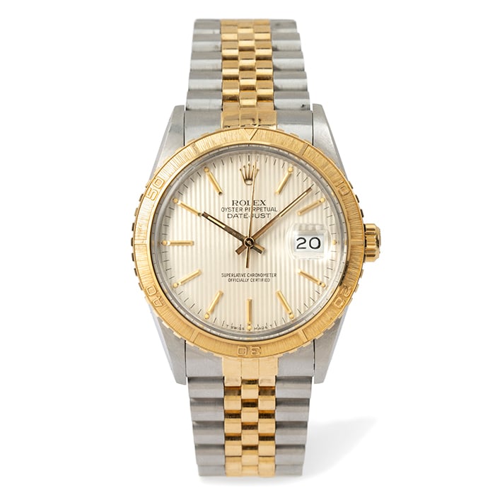 Vintage 1990s 18k yellow gold and steel Rolex Datejust with tapestry dial, diver's bezel, and two-tone jubilee band - WAGO-137092