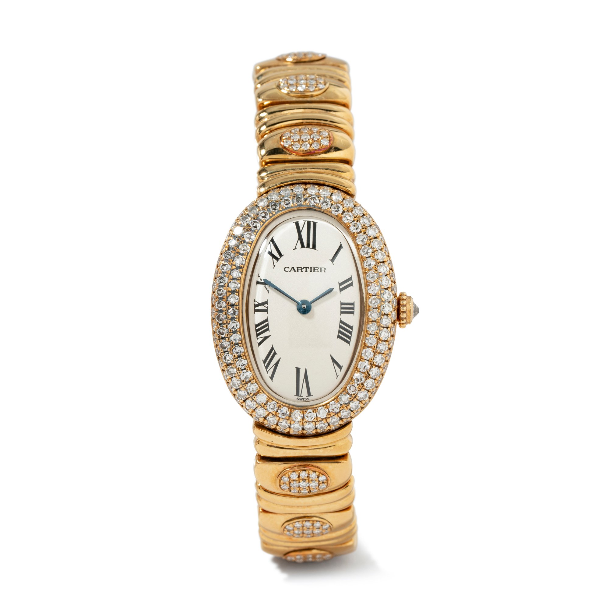 Vintage 18k yellow gold Cartier Baignoire watch with pave diamond bezel - WADI-141173