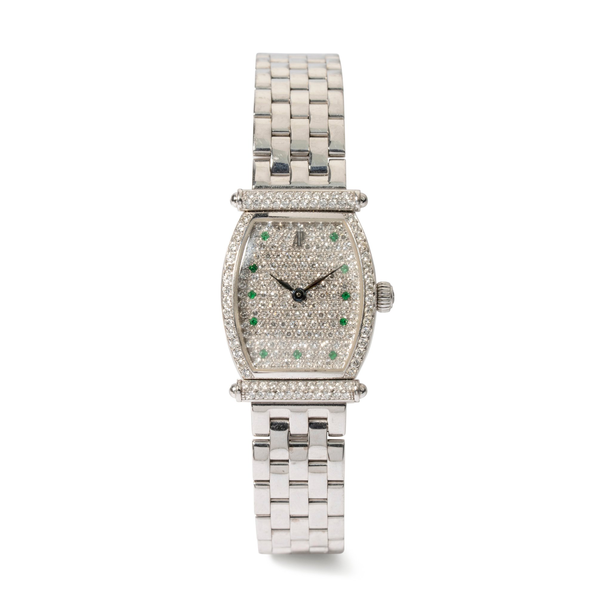 18k White Gold Audemars Piguet ladies dress watch with pave diamond face and emerald dial - WAED-140291F