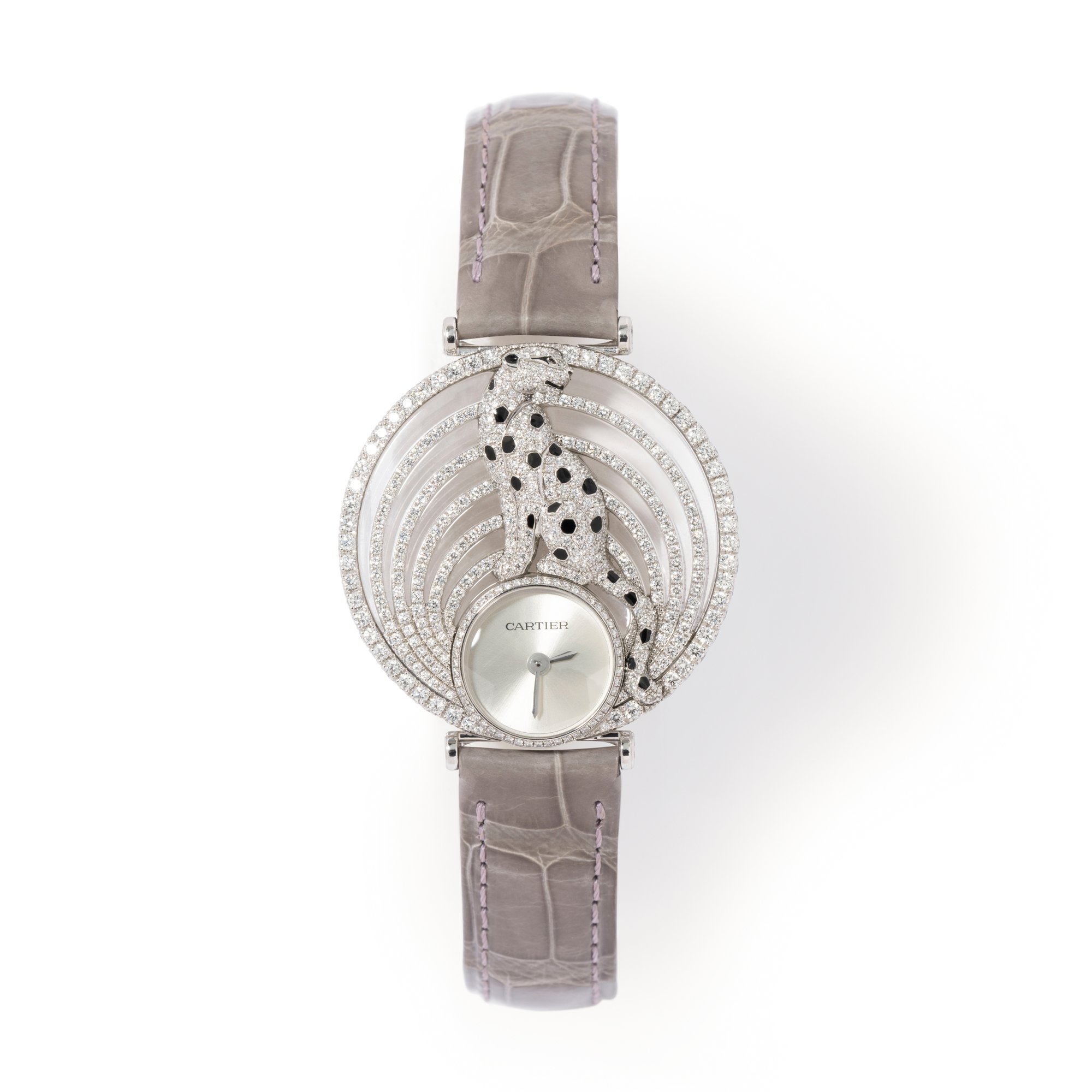 18K white gold Cartier Panthere ladies dress watch with pearl face, pave diamonds, and black onyx - WAQD-125651