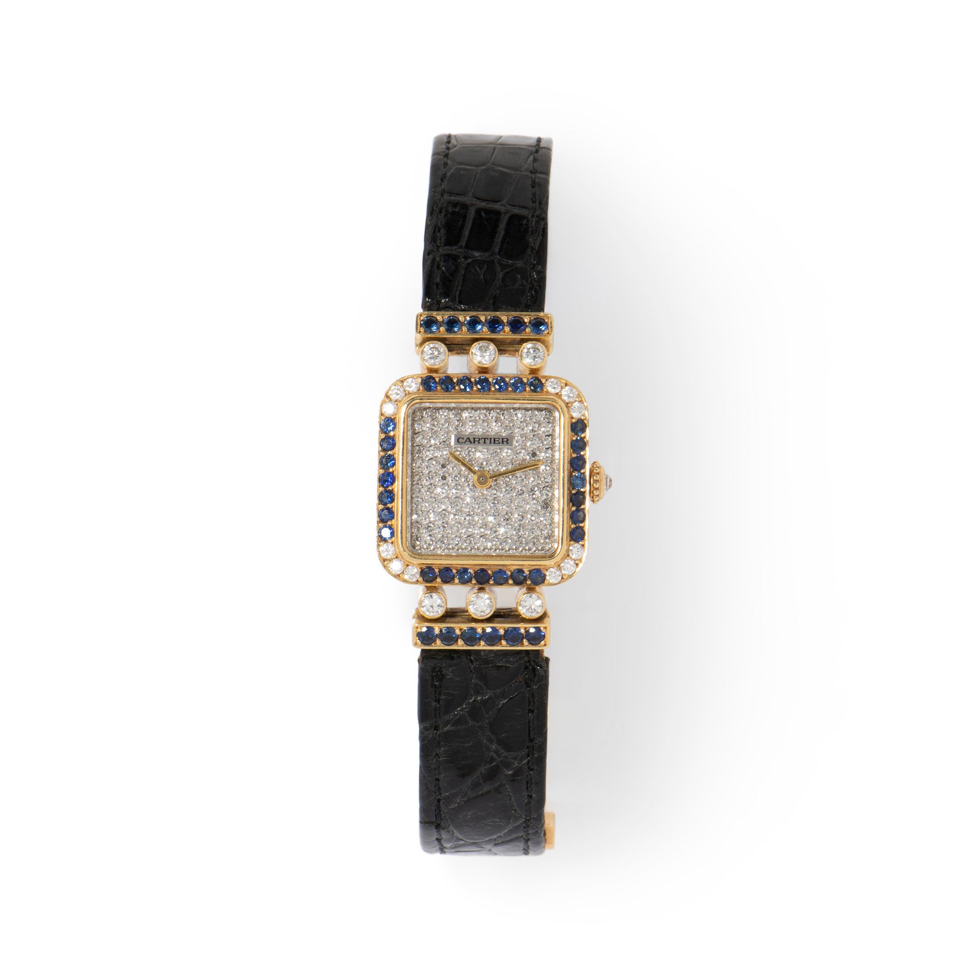 18K yellow gold Cartier ladies dress watch with pave face and diamond and sapphire bezel and case - WASD-127205