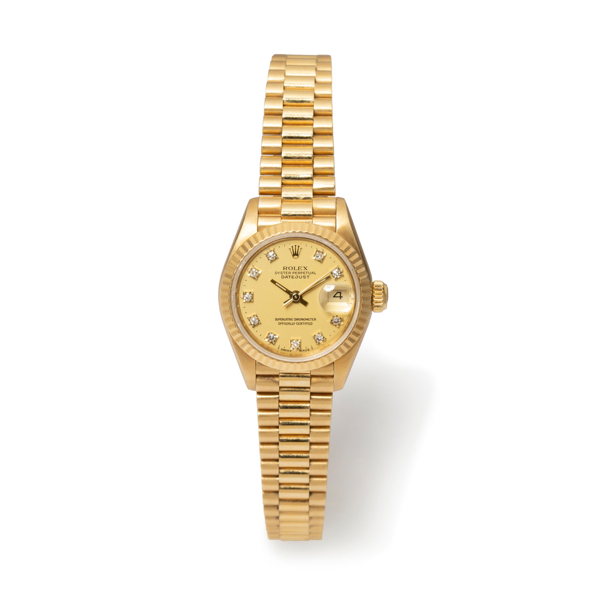 Vintage 18k yellow gold Rolex Datejust with diamond dial, fluted bezel, and presidential band - WADI-130972