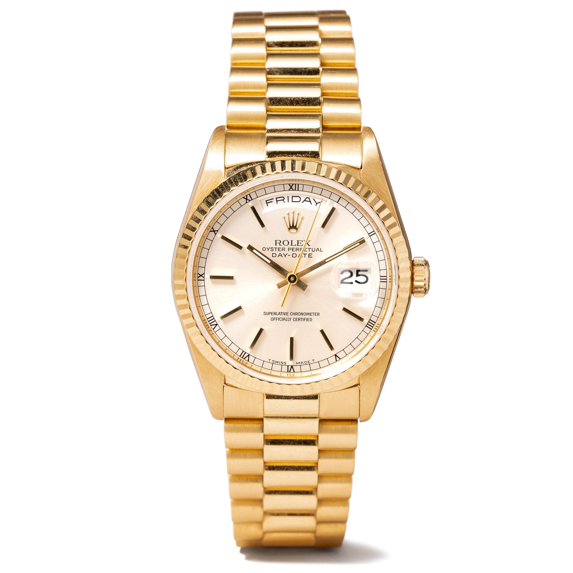 18k yellow gold Rolex Daydate Presidential with champagne dial, fluted bezel, and presidential band - WAGO-142648