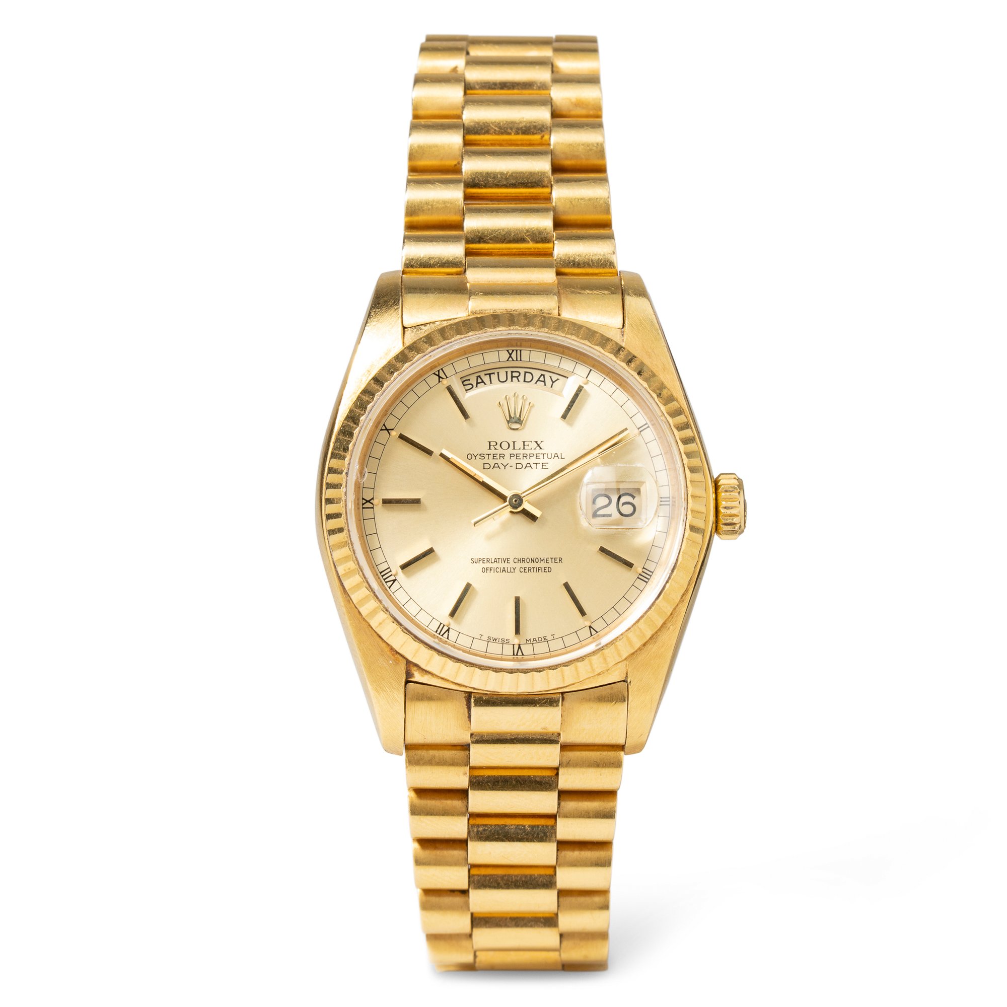Vintage 18k yellow gold Rolex Datejust with diamond dial, fluted bezel, and presidential band - WAGO-144552