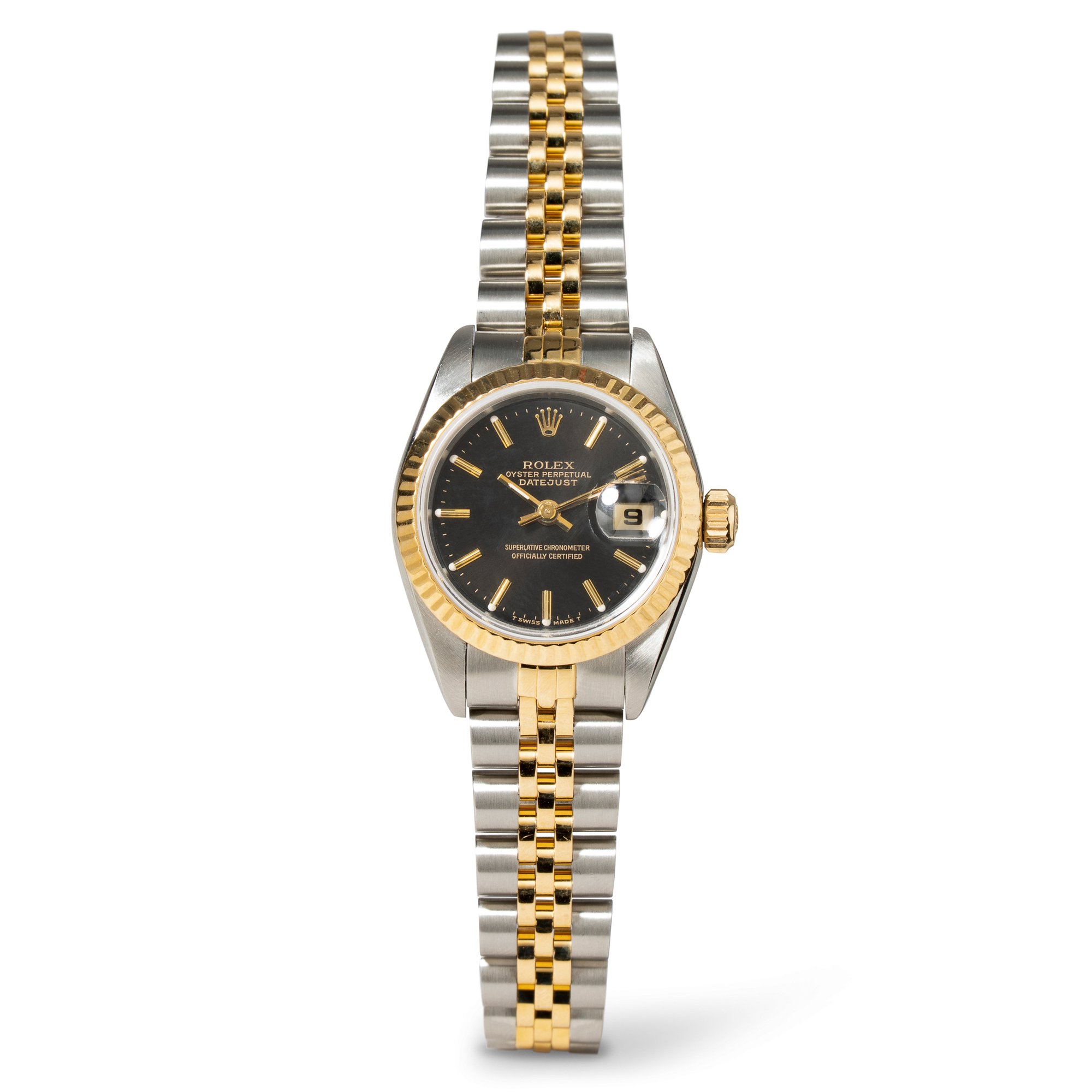 Vintage Rolex Datejust with black dial and fluted bezel on two tone Jubilee band in 18k yellow gold and steel - WAGS-144518
