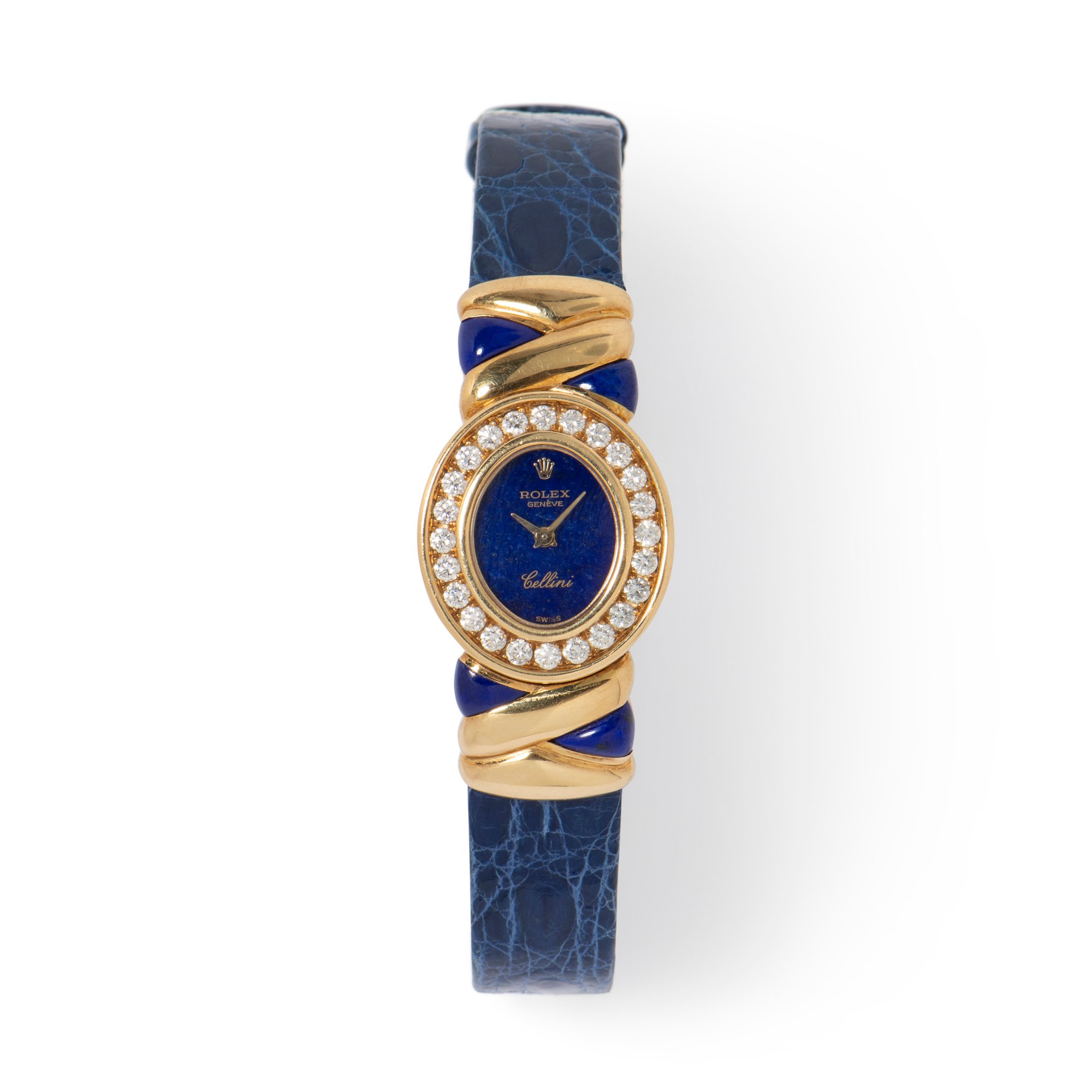 Vintage 18k yellow gold Rolex Cellini with lapis dial and pave diamond bezel - WALD-127208