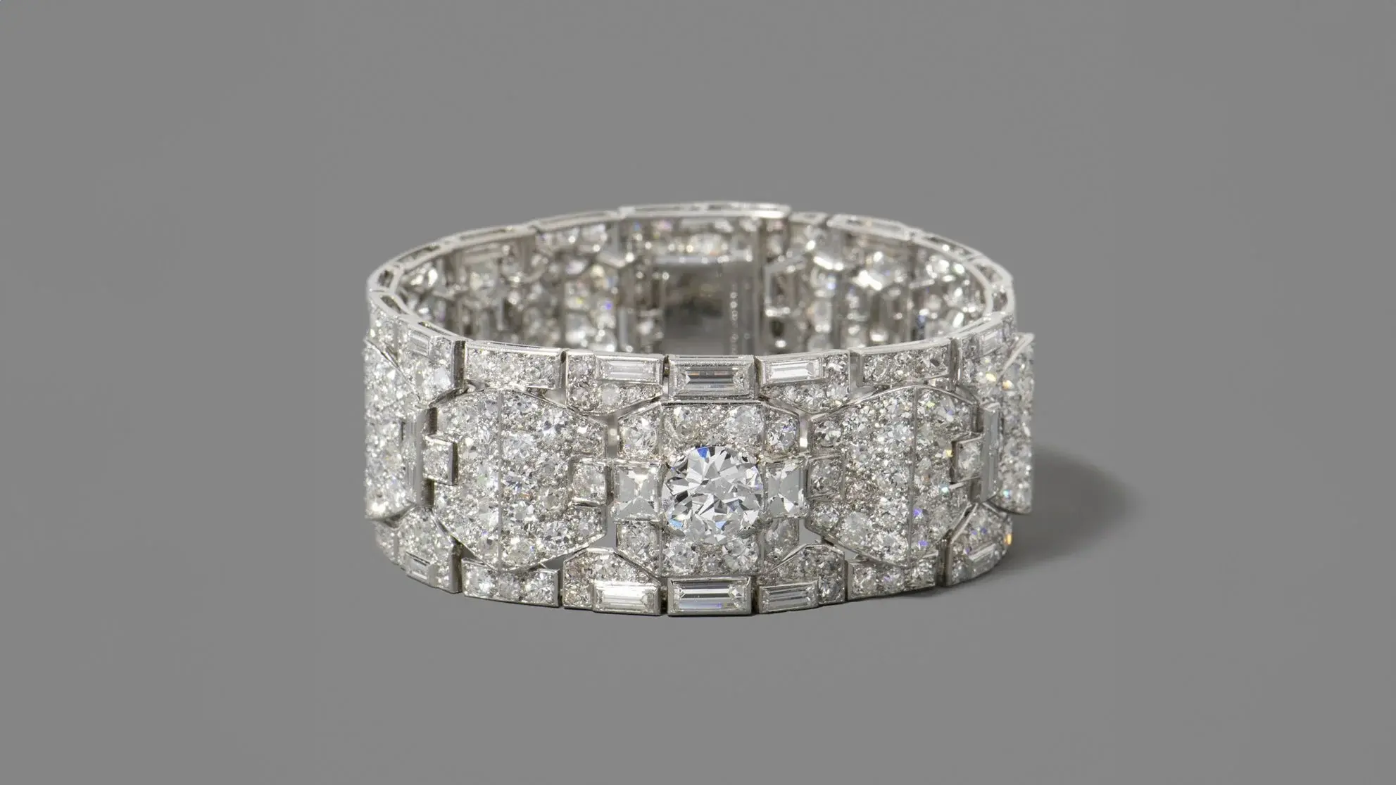  This platinum Cartier bracelet circa 1920s features more than 33 carats of diamonds and is an excellent Art Deco example with geometric design.  
