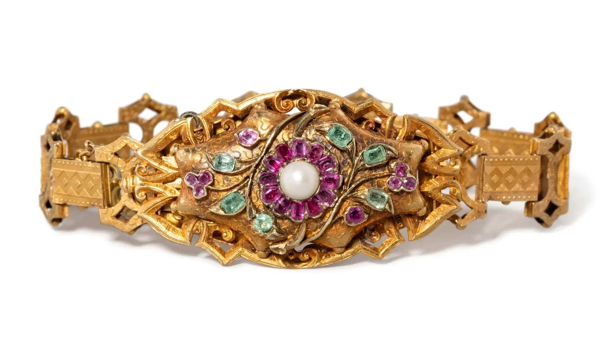  Georgian 14K yellow gold bracelet with emerald, ruby, and pearl. 