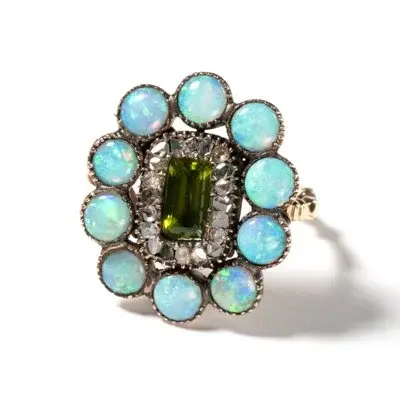 Georgian 14K yellow gold and silver ring with peridot, diamond, and opal