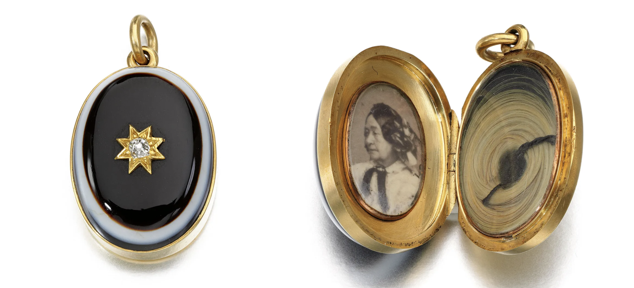 An agate and diamond pendant, commissioned by Prince Albert for Queen Victoria, to mark the loss of her mother. The pendant contains a miniature photograph, a lock of her mother's hair and a ‘touching inscription’ from Albert. 