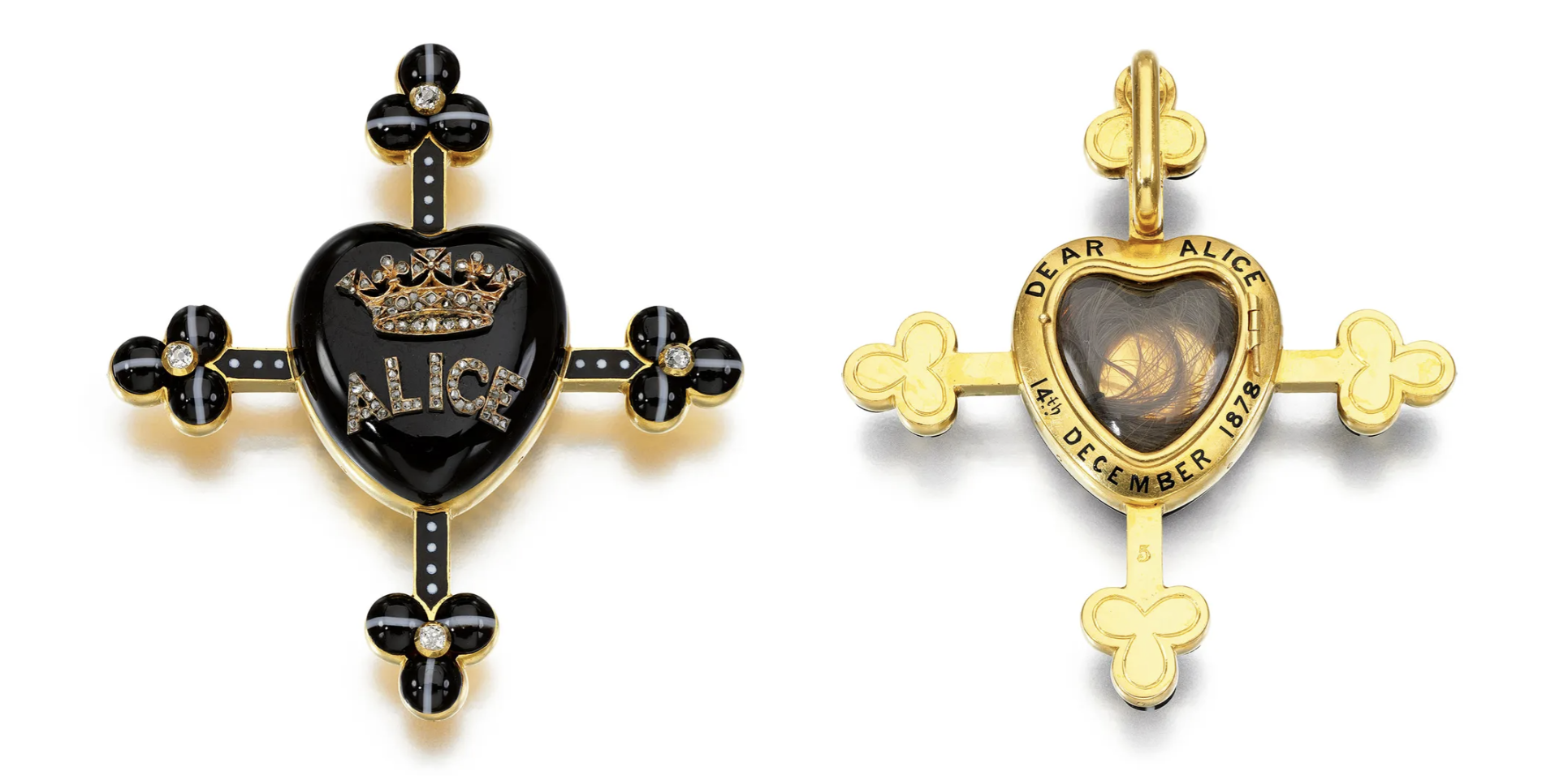  Queen Victoria's mourning cross pendant honoring her daughter Alice, featuring black enamel, diamonds, and a lock of Alice's hair. 